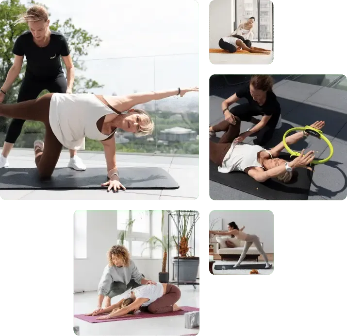 Mosaïque de photos de séances de pilates en duo et trio